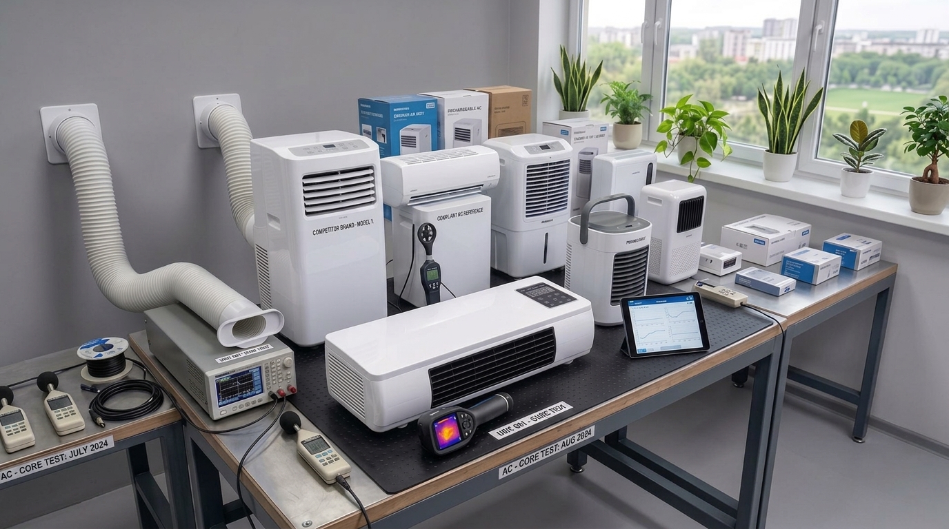 Draagbare airco's op een rij voor de tests